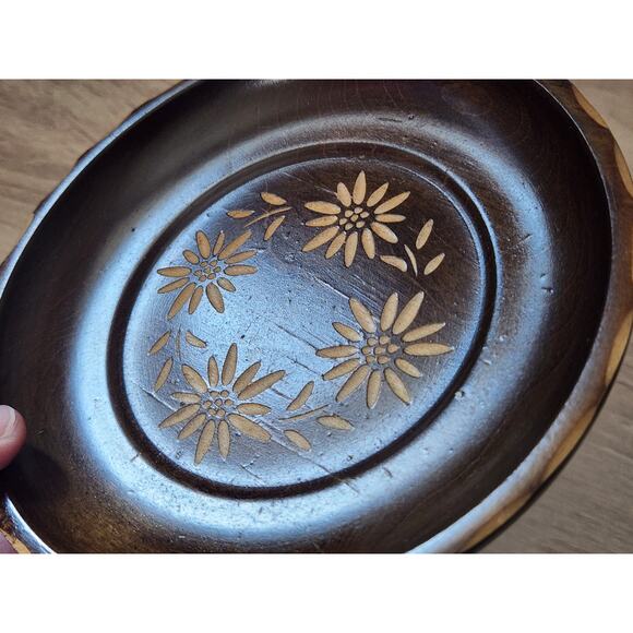 Vintage Swiss Musical REUGE Wood Carved Floral Dish Pedestal Stand Plate Round - Picture 6 of 10